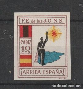 Sellos: CAMBIO.1/ G.12/ CÁDIZ. FALANGE ESPAÑOLA DE LAS JONS. ARRIBA ESPAÑA. CORREOS. SIN DENTAR. MNG.